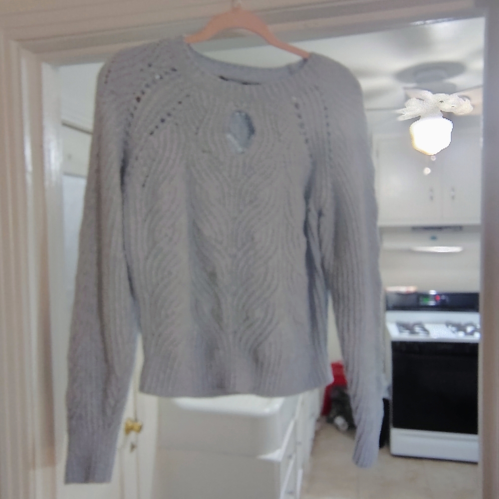 White House Black Market Light Blue Sweater with knitted opening in the front - Picture 4 of 8